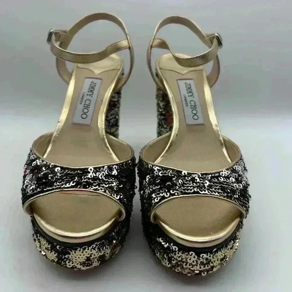 Jimmy Choo London Peachy Peep Toe Sparkle Heels Size 38 Silver Sequins Gold - Picture 4 of 16